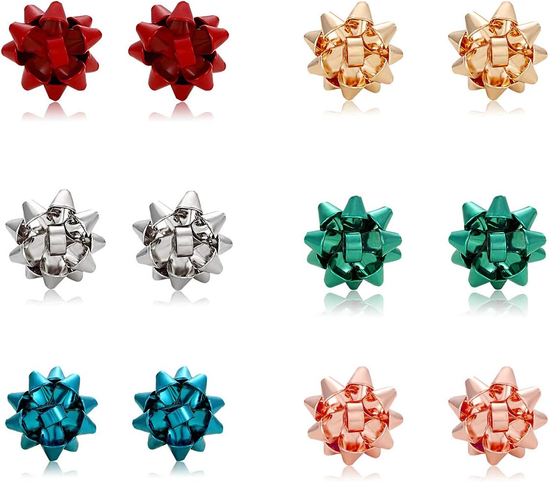 6 Pairs Christmas Bow Earrings for Women Xmas Bow Stud Earrings Red Green Festive Holiday Earring Set Christmas Jewelry Gifts
