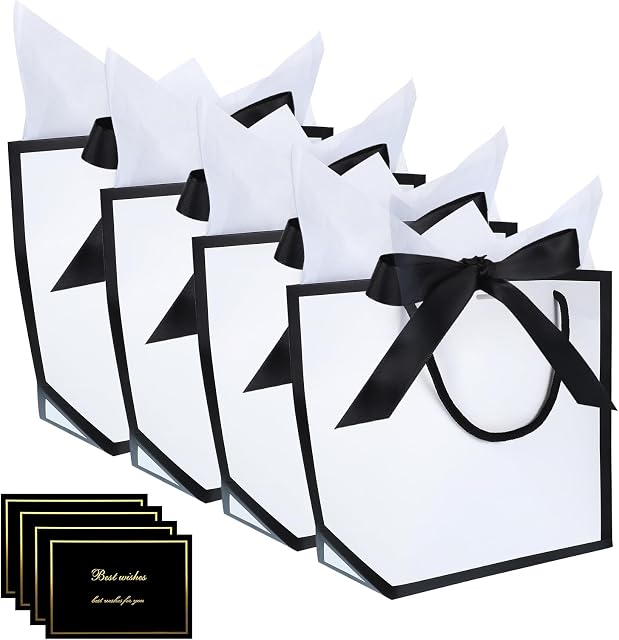 4 Pack Gift Bags, Medium Present Bag Gift Wrapping Bag with Bow Ribbon Tissue Paper and Cards Gift Bag for Birthday Wedding Party 27.8x9x20 cm