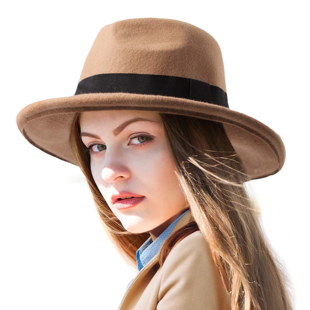 LADYBROFedora Hats for Women Wide Brim Hat, Incld 3 Decor Belts, Wool Felt, 58cm Adjustable Women's Fedora