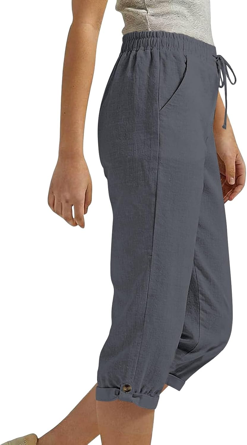 Capris Pants for Women Cotton Linen Casual Summer 2026 Straight Wide Leg Loose Drawstring Elastic Waist Cropped Trouser