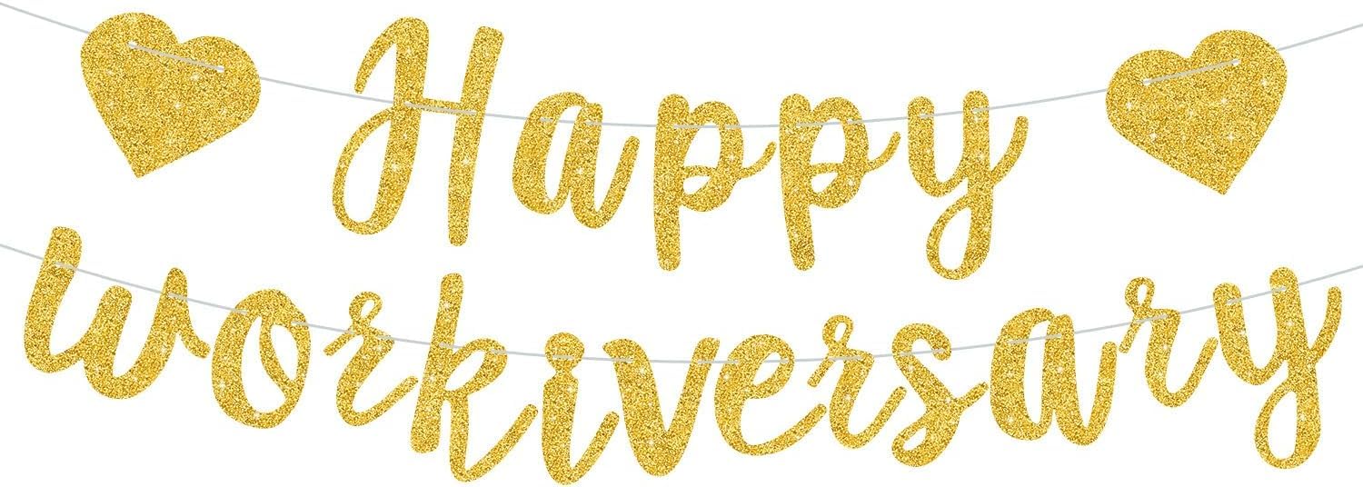 DecoGlee Gold Glitter Happy Workiversary Banner - NO DIY -Gold Work Anniversary Decorations, Pre-Strung -Sign Bunting for Work Party Office Party Theme Decoration Sign