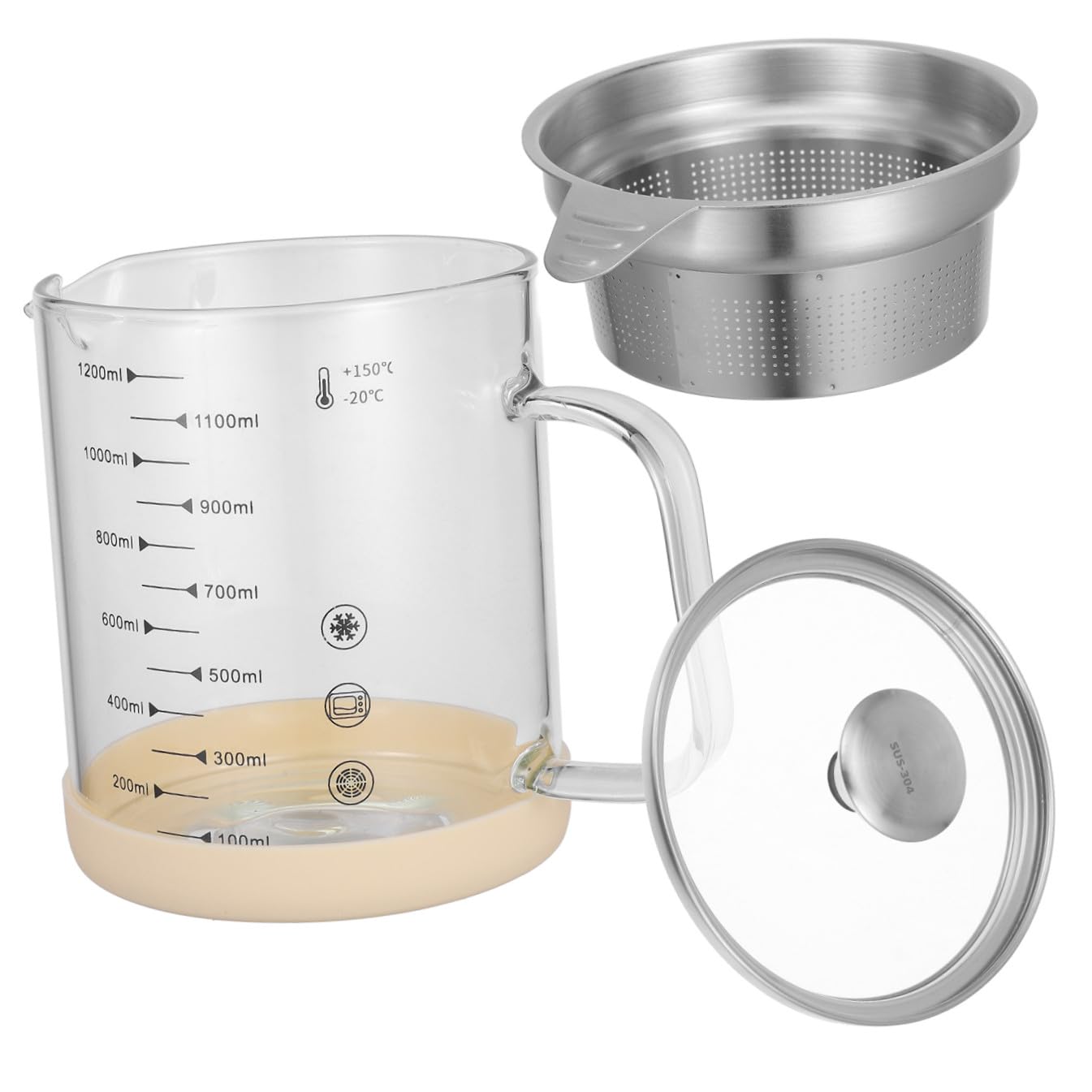 Fettabscheider Multifunktionaler Soßentrenner mit Silikongriff 1200ml aus Glas und Edelstahl und Sojamilchfilter für Küche Beim Kochen und Braten