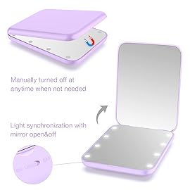 WOBSION Small Mirror with Lights,LED Compact Makeup Mirror,1x/3x Mini Travel Mirror with Magnification,Portable for Purse,Pocket,Gifts for Girls,Purple