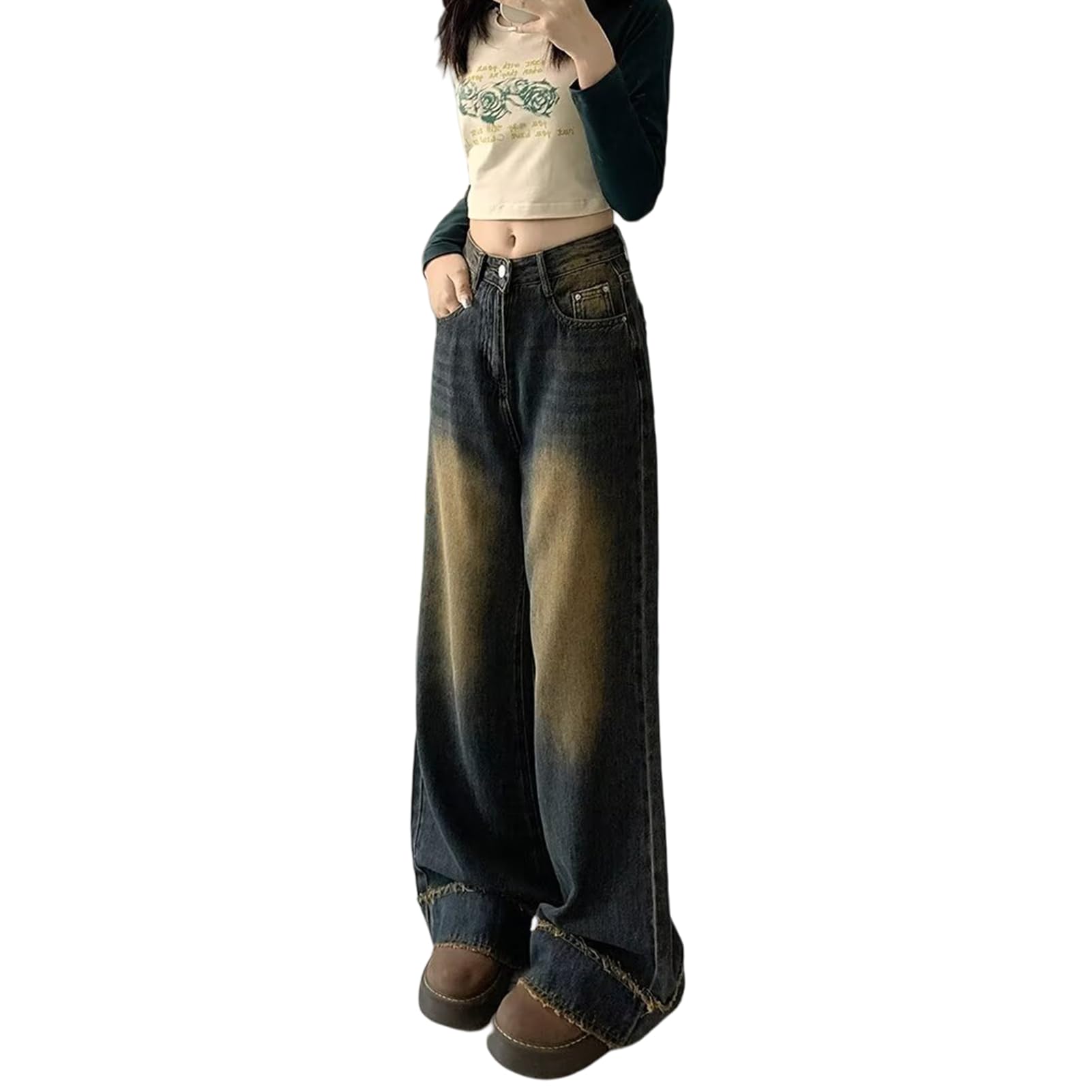 Cotoinddy Women's Splicing Tassel Y2K High Waist Loose Jeans