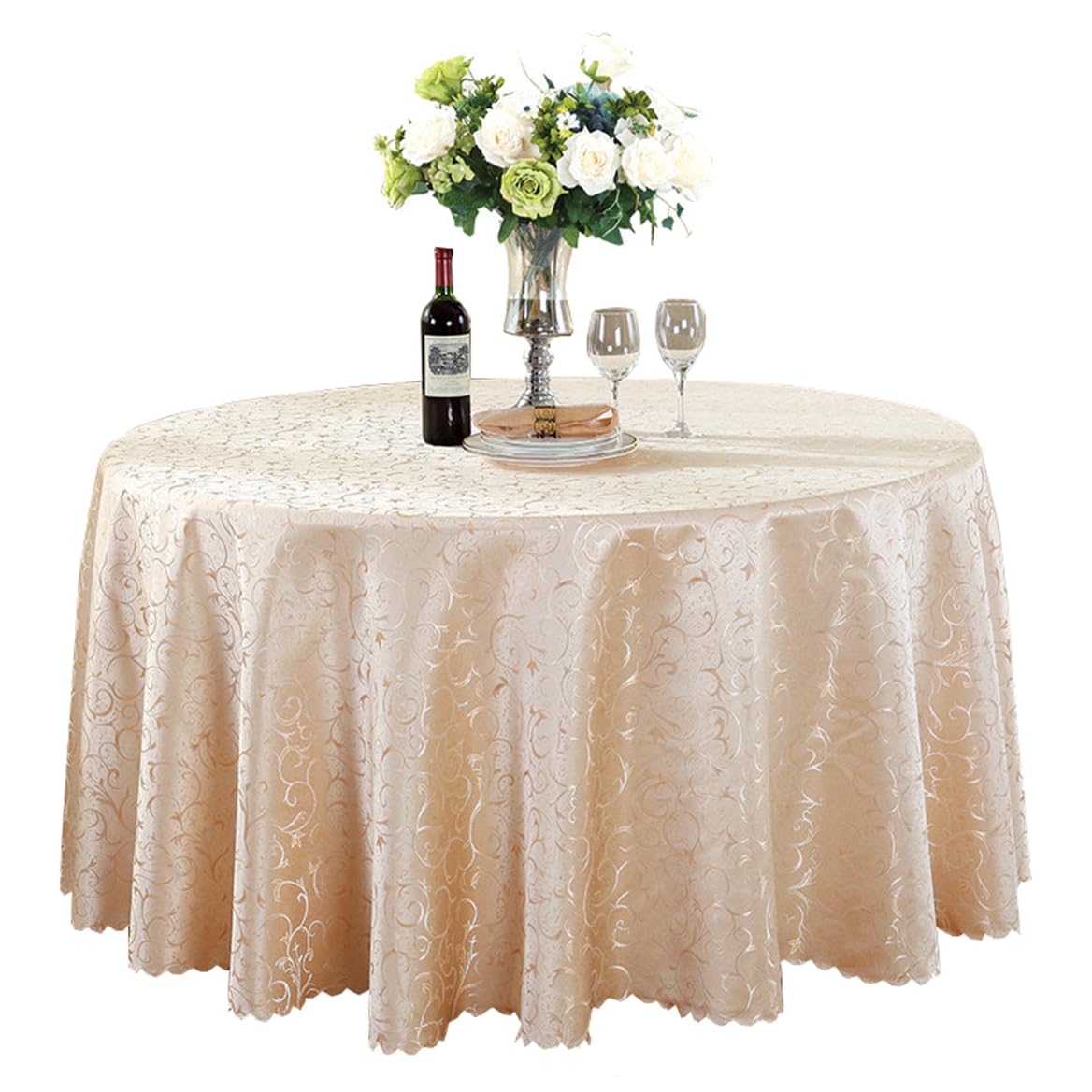 Nappe ronde jacquard anti-plis or champagne 220 cm pour masquer les imperfections de table