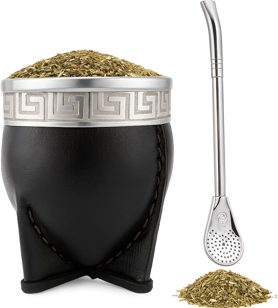 Premium Yerba Mate Gourd (Mate Cup) - Uruguayan Mate - Argentinian Yerba Mate Set - Leather Wrapped - Includes Stainless Steel Bombilla (Imperial) (Black/SPIRAL)