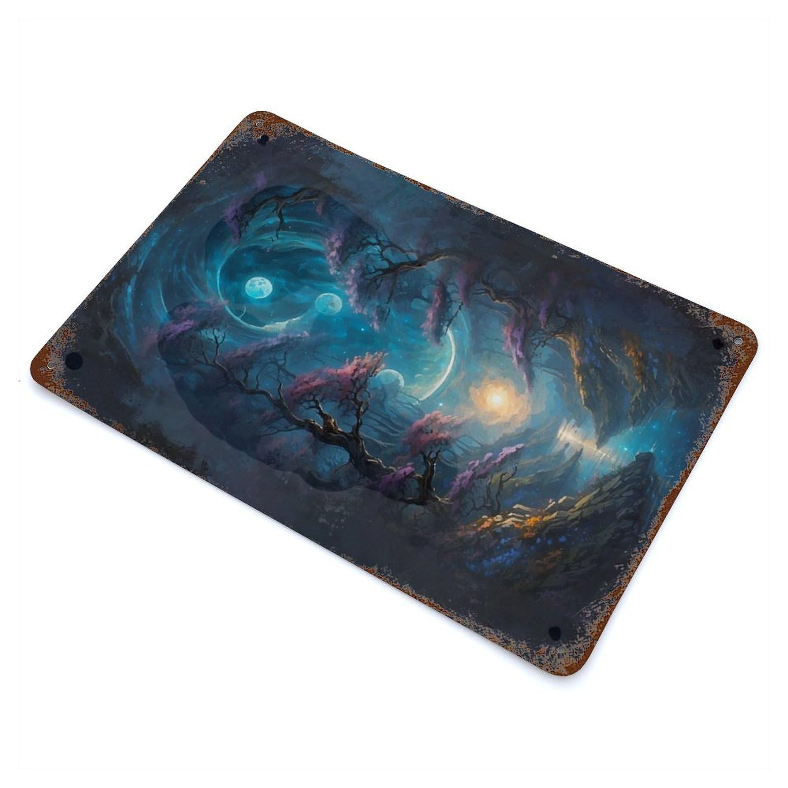 Moonlit Forest Aged Metal Wall Plaque 11.8"x7.9", Decorative Metal Wall Art for Garage, Pub Or Kitchen