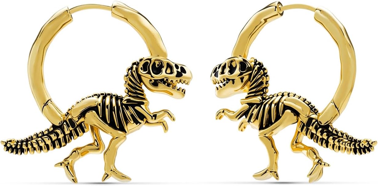 PUNKYOUTH 18G Gothic Dinosaur Hoop Earrings – 925 Silver Post T-Rex & Triceratops Dragon Skeleton Fossil Huggie, Punk Grunge Alternative Halloween Accessory Gift For Women Men