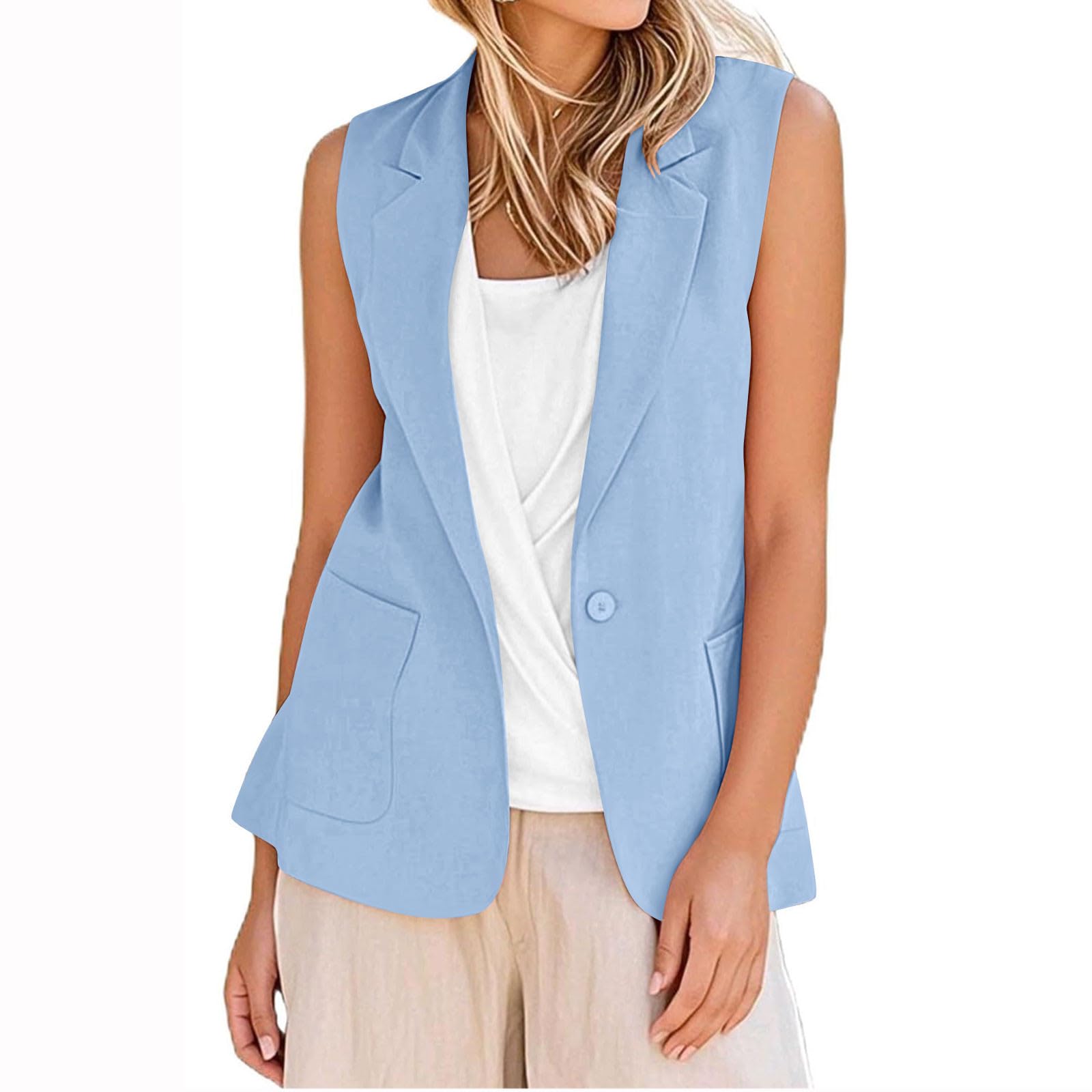 Blazer Vest for Women Summer Business Casual Sleeveless Open Front Lapel Blazers Work Office Jackets with Pockets