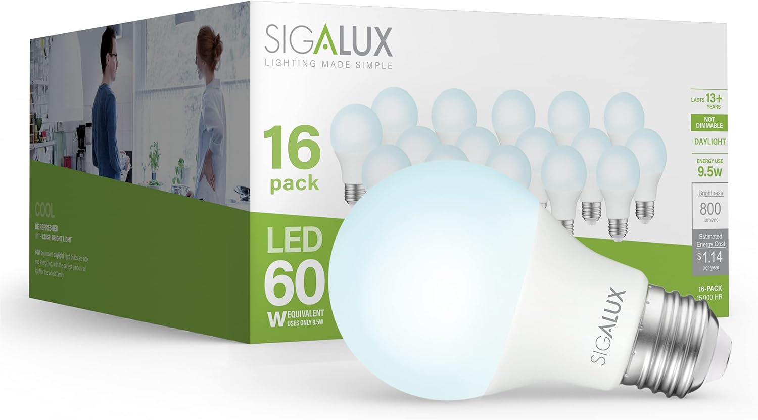 Sigalux A19 LED Light Bulb 60W Equivalent, E26 Medium Base 5000K Daylight 800LM, Non-Dimmable LED 9.5 Watt Standard Light Bulbs, UL Listed, 16 Pack Sigalux A19 LED Light Bulb 60W Equivalent, E26 Medium Base 5000K Daylight 800LM, Non-Dimmable LED 9.5 Watt Standard Light Bulbs, UL Listed, 16 Pack