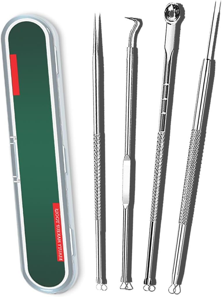 Stainless Steel Blackhead Removal Tool,Acne Removal Professional Tools for Nose Face;【5-in-1】Blackhead Remover Tool *4;Plastic Box *1; #-0831009