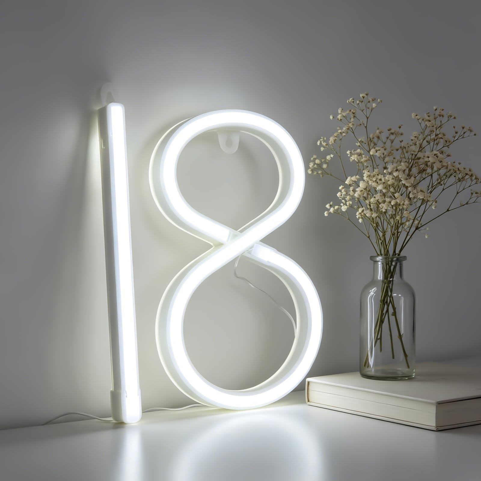 LED Neon Number Light, Neon Number Lights 18, LED Light Up Numbers for 18th Birthday Decorations, White Numbers Lights Sign for 18th Birthday Wedding Anniversary Home Bedroom Wall Party Decor