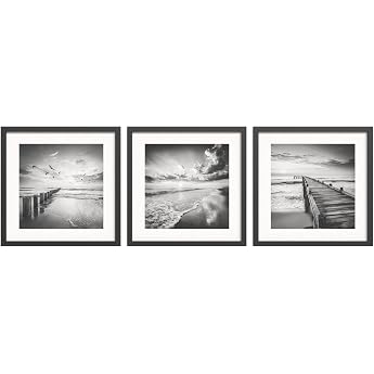 STYLER Picture Set Windy Sea 3 x 30 x 30 cm Ready to Hang with Black Wooden Frame - Black White Sea Wall Pictures - Maritime Photography Poster Modern Minimalist