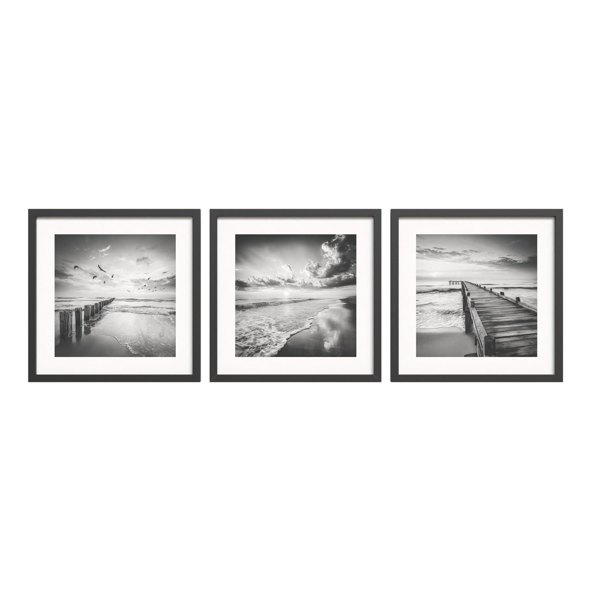 STYLER Bilder Set Windy Sea 3x 30x30 cm (AUFHÄNGFERTIG) mit schwarzem Holzrahmen – Schwarz Weiß Meer Wandbilder – Maritime Fotografie Poster Modern Minimalistisch