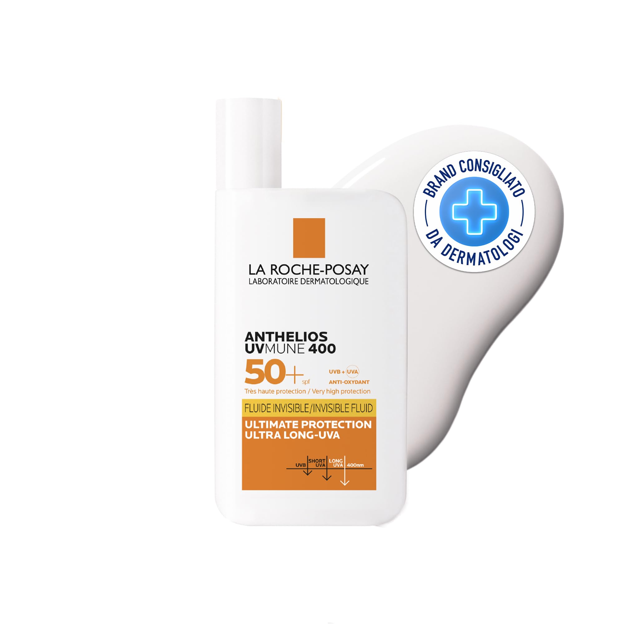 La Roche Posay Anthelios UVmune 400, Fluido Invisibile SPF50+, Per Tutti i Tipi di Pelle, Protezione Estrema Anti-UVA Ultra Lunghi, Resistente ad Acqua, Sabbia e Sudore, Con Acqua Termale, 50 ml