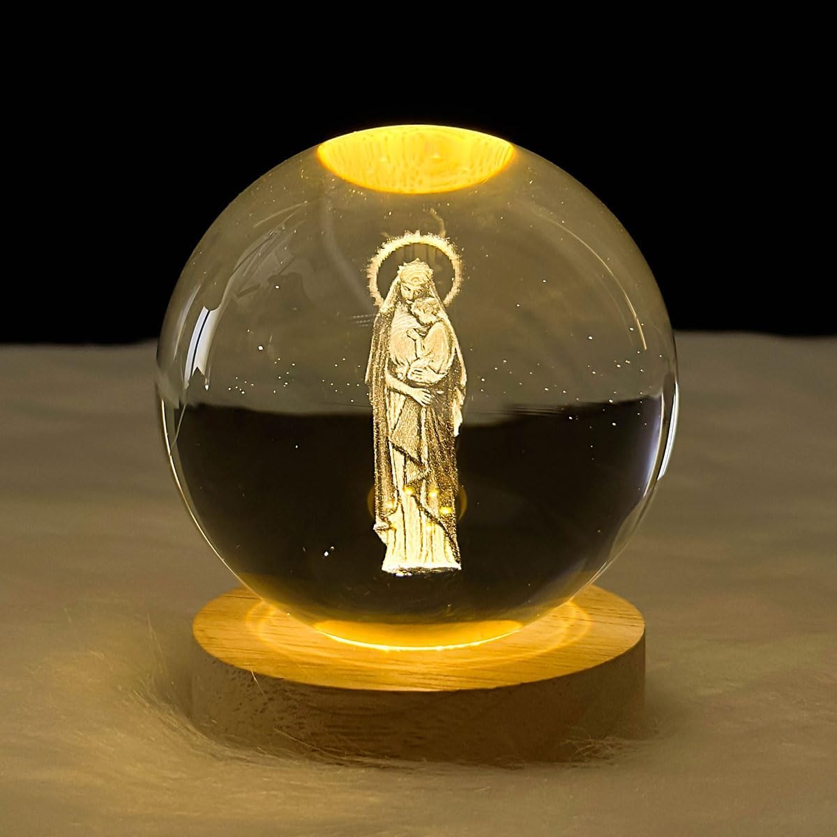 Jesuspirit - Christian Decor, Wooden Light Base Crystal Ball Night Light, Home Decor - Christian Gifts for Men and Women (Virgin Mary and The Baby Jesus)