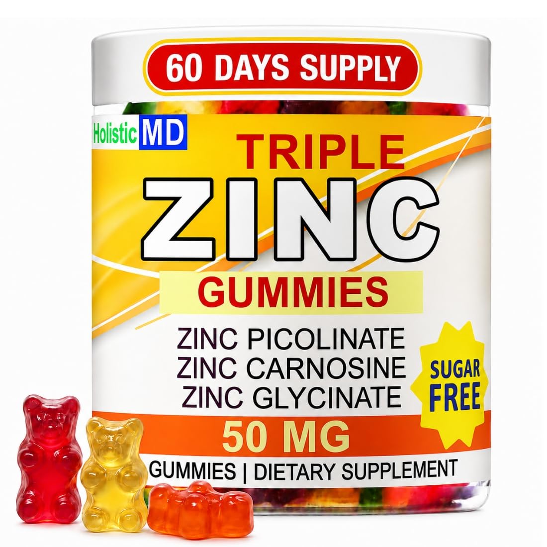 Zinc Gummies 50 mg Zinc Supplement Picolinate Carnosine and Glycinate Triple 3-in-1 high bioavailable Forms with Monk Fruit - 3 Flavors Lemon, Strawberry, Orange - Vegan Sugar Free 60 Servings