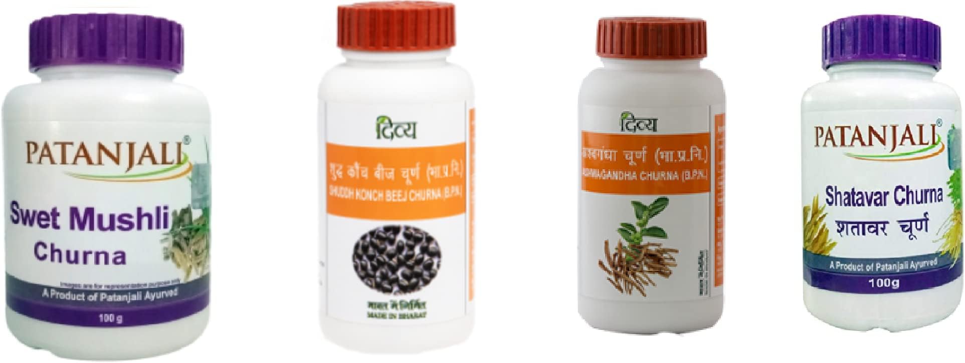 Patanjali Ayurveda Shatavar, Swet Mushli, Ashwagandha & Konch beej Churna Shuddh Combo, 100gm each