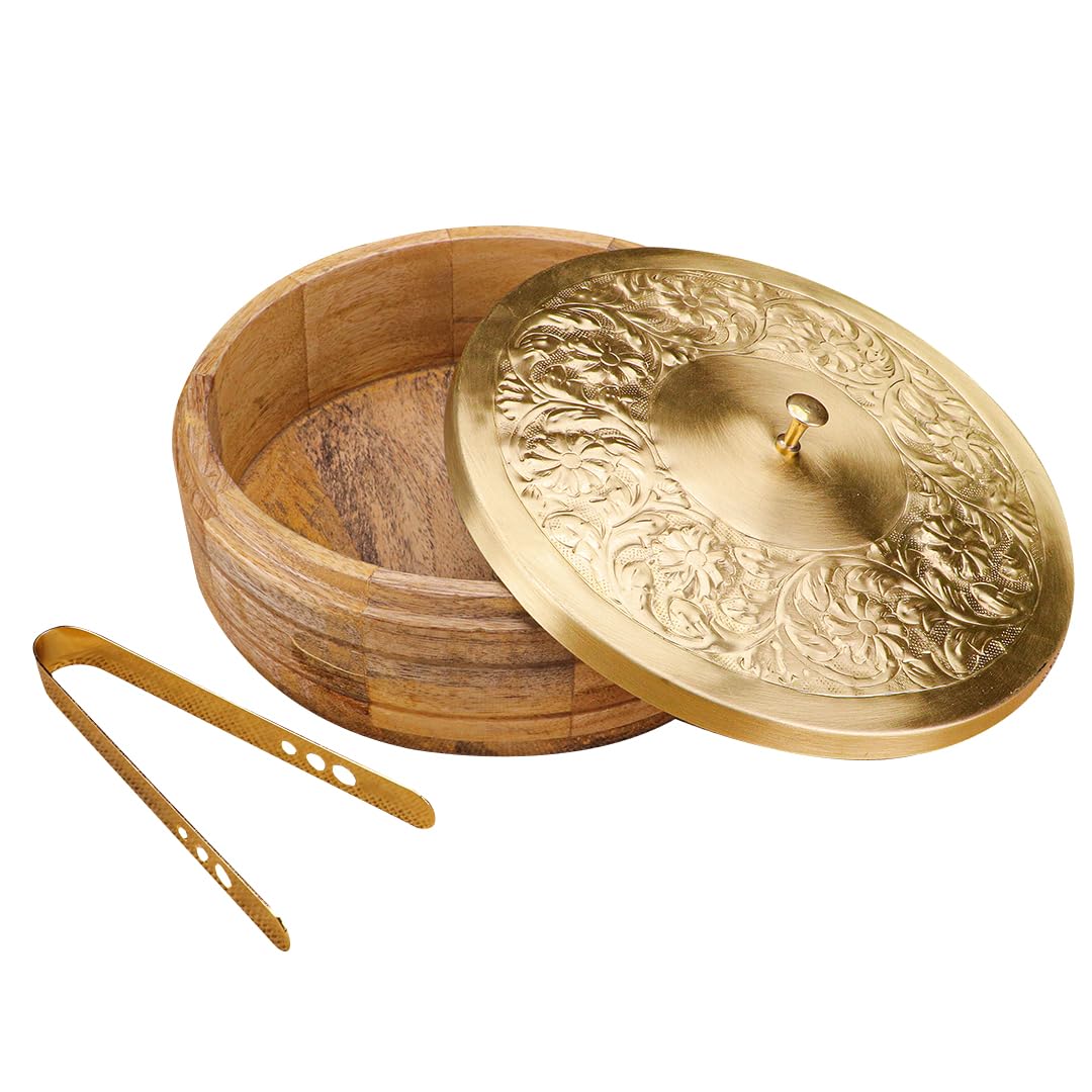 Artarium Handcrafted Premium Wooden Brass Roti Box With Lid Insulated Traditional Chapati Box Container Hotcase With Brass Tongs Durable Vintage Roti Dabba Hot Pots For Kitchen Dining (34x34x8.4)