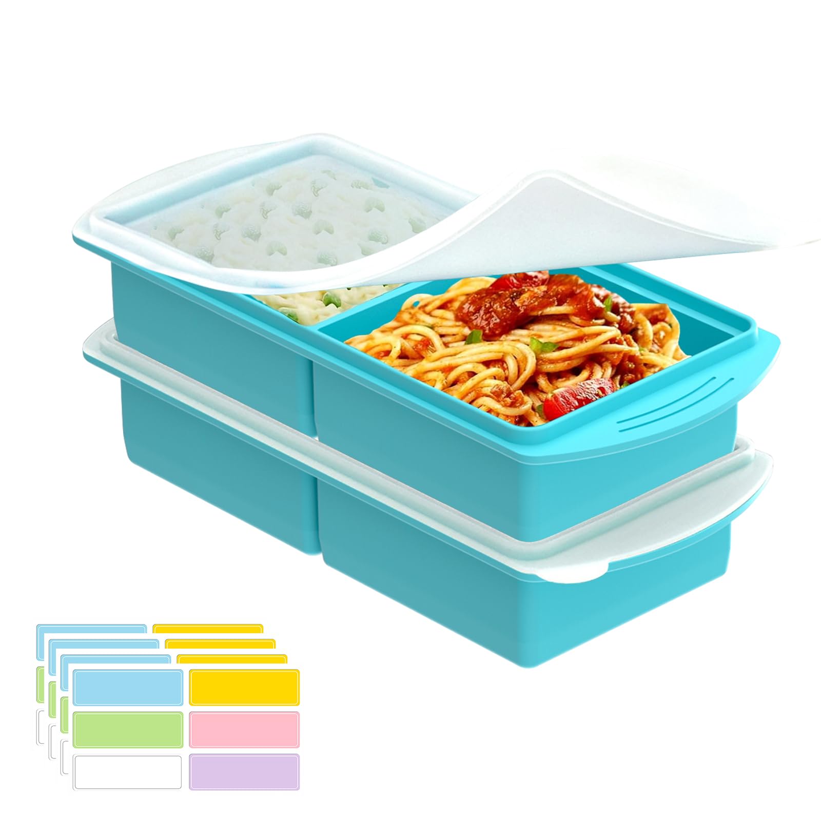 2 Pack Large Silicone Soup Freezer Containers with Lid, 500ML/250mL/125mL Soup Freezer Moulds Silicone Food Freezer Trays Soup Storage Containers for Freezing Broth, Meal Prep (Blue,2-compartments)