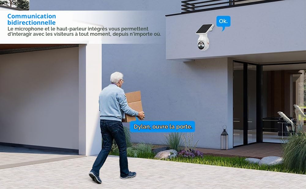 TKMARS Caméra de Surveillance WiFi extérieure sans Fil à énergie Solaire Caméra Basse consommation avec Vision Nocturne Haute définition et accès à Distance (Blanc)
