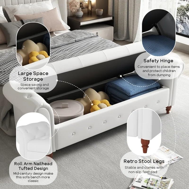 Image of LEGACY OF COMFORT F4 Velvet Upholstered Storage Bench Sofa Bench Sofa couches Rolled Arm Window Bench Ottoman Bench 2 Seater Sofa Chaise Lounger or Living Room Bedroom Office (White Velvet)