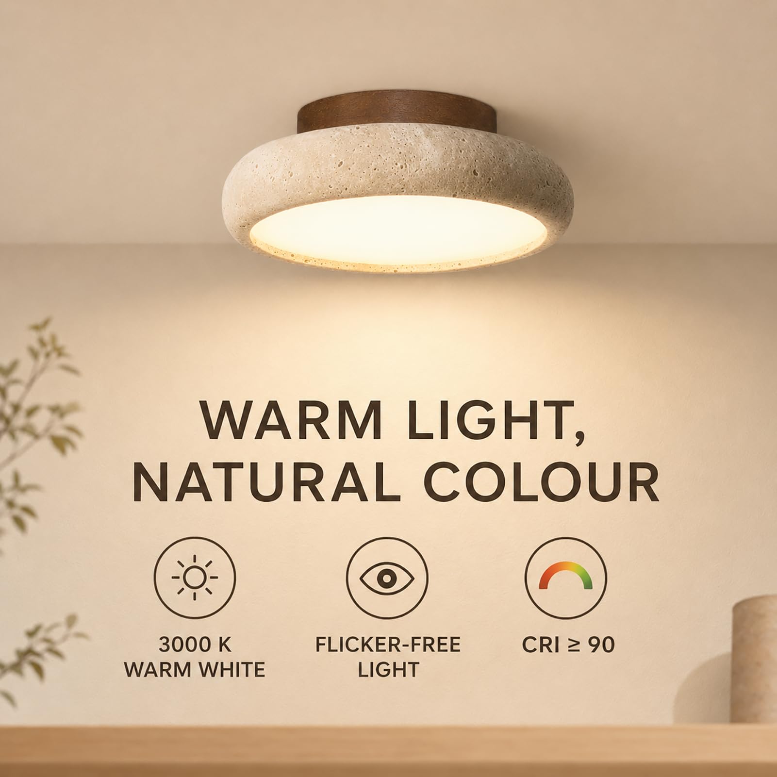 Travertin-Deckenleuchte mit LED, Wabi-Sabi Lampe, 3000 K Warmweiß ,20cm