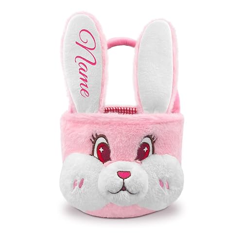 Bolsa de conejo de Pascua personalizada con diseño de conejo de felpa para niños con bordado de nombre personalizado, oreja larga para niños y