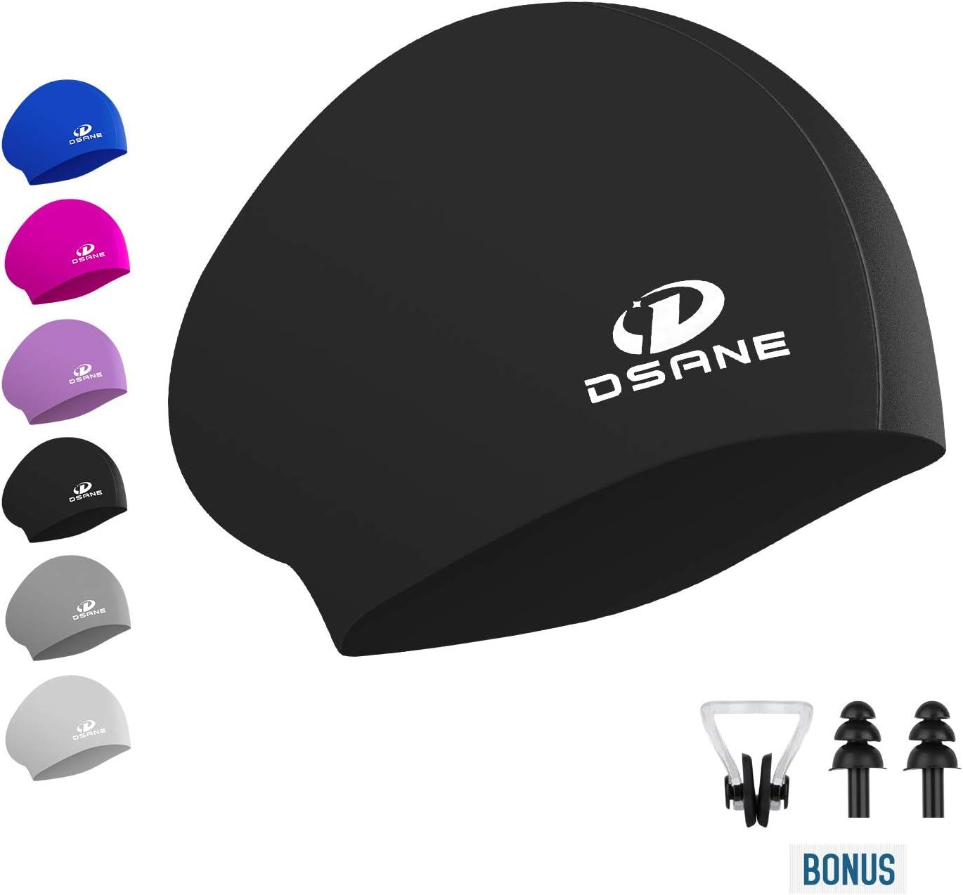 Womens Silicone Swim Cap for Long Hair,3D Ergonomic Design Silicone Swimming Caps for Women Kids Men Adults Boys Girls with Ear Plug and Nose Clip (Black): Sports & Outdoors