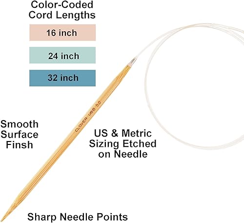 Miniatura 3 de Clover PRO Takumi - Aguja circular de bambú de 16 pulgadas, tamaño 1 de EE. UU. (0.089 in), incluye 10 marcadores de puntada Artsiga Crafts 3301
