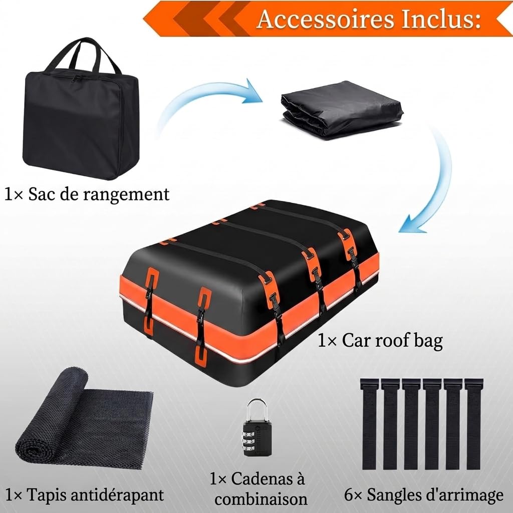 Coffre de Toit Voiture Souple 570L, Sac de Toit 100% Imperméable PVC, Rangement Bagage Voyage, Tapis et 6 Crochets Inclus, pour SUV/Voitures avec ou sans Barres de Toit