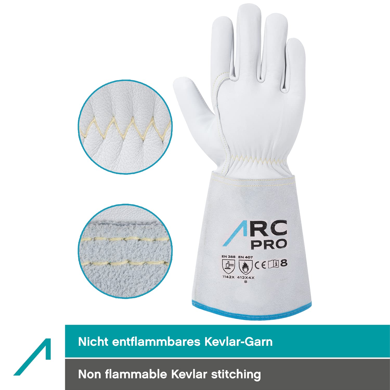 ACE ARC Pro Welder's work glove - Protective leather gloves for welding - EN 388/12477-09/L (Pack of 1), Light Grey - Image 3