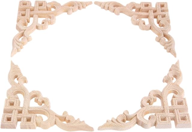 4Pcs Square Hollow Design Wood Carved Furniture Corner Applique Onlay Antique & Modern Doors, Walls Ornamental 10cm