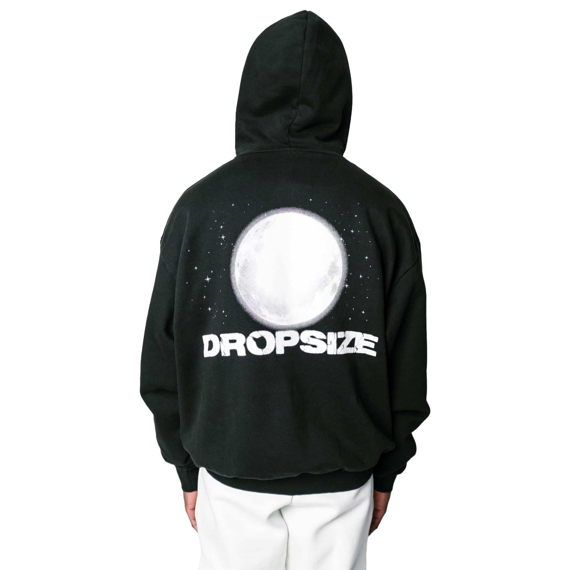 Dropsize Heavy Oversize Moon Design Hoodie Washed Black, Urban Streetwear Oversize Pullover in cotone 360 GSM con Cappuccio Uomo Felpa con Cappuccio