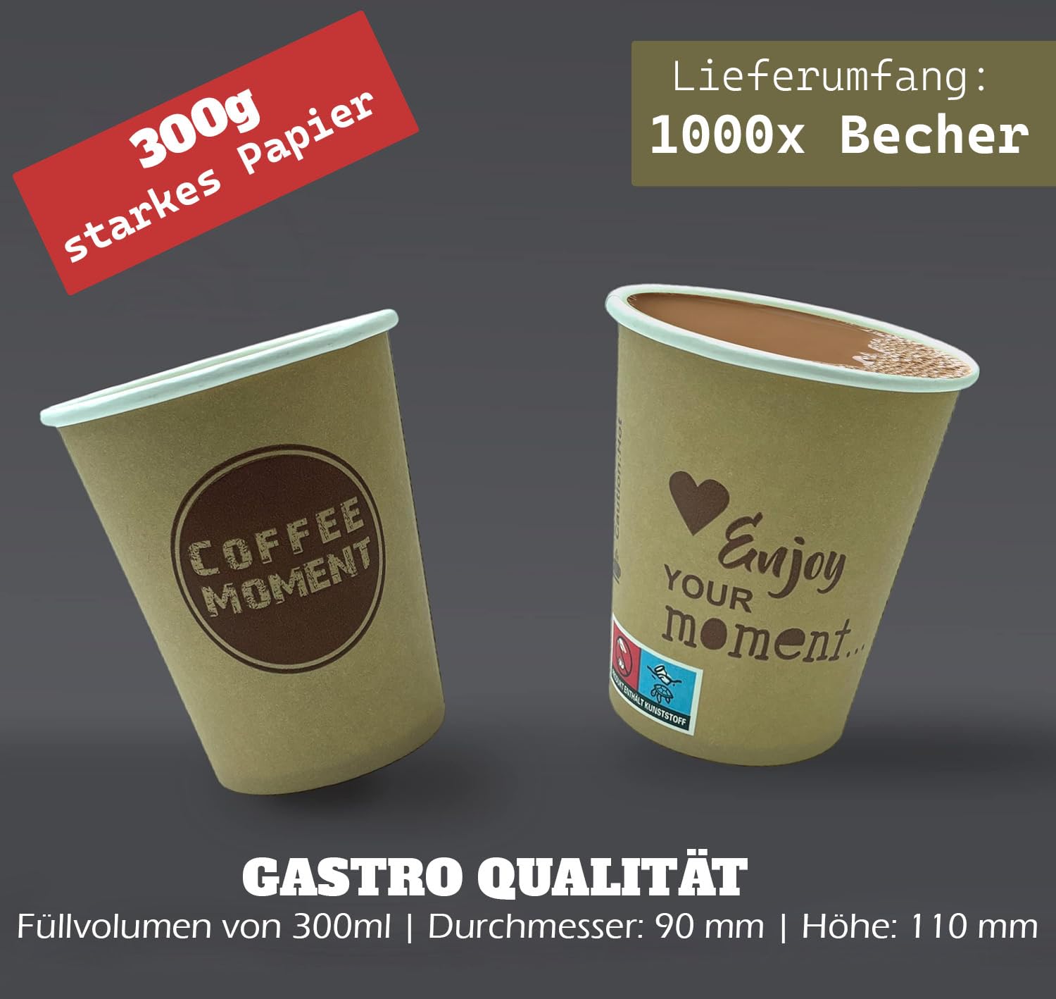 1000 tazze da caffè monouso, in carta dura, 300 ml, 12 oz 0,3 l, robuste, in carta, per caffè da go, tazze monouso