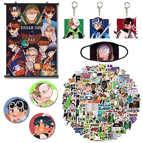 Dream Smp merch-Dream Smp Stickers, Dream Smp Poster,Dream Smp Mask,Dream Smp Keychain,Dream Smp Pins (dream cute Set)