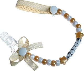 Personalised Dummy Clip Chain Strap Pacifier Holder Soother Chain by BeBaby (Golden, With Bow)