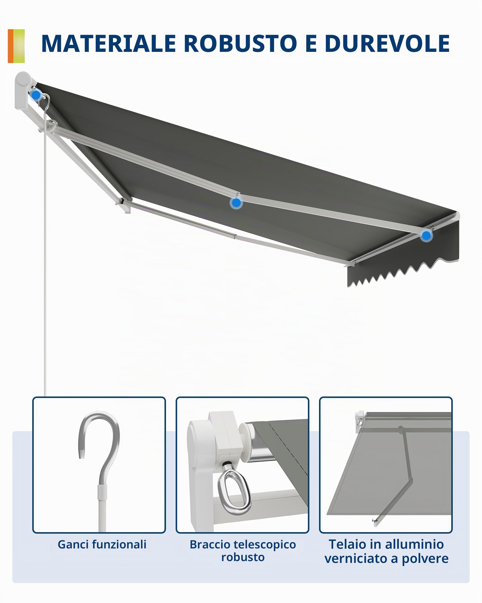 Garveelife Morsetto snodato 400 x 250 cm, resistente ai raggi UV40+ e impermeabile, con manovella e supporto da parete regolabile lunghezza + angolo, tenda da sole per terrazza e balcone, tenda da