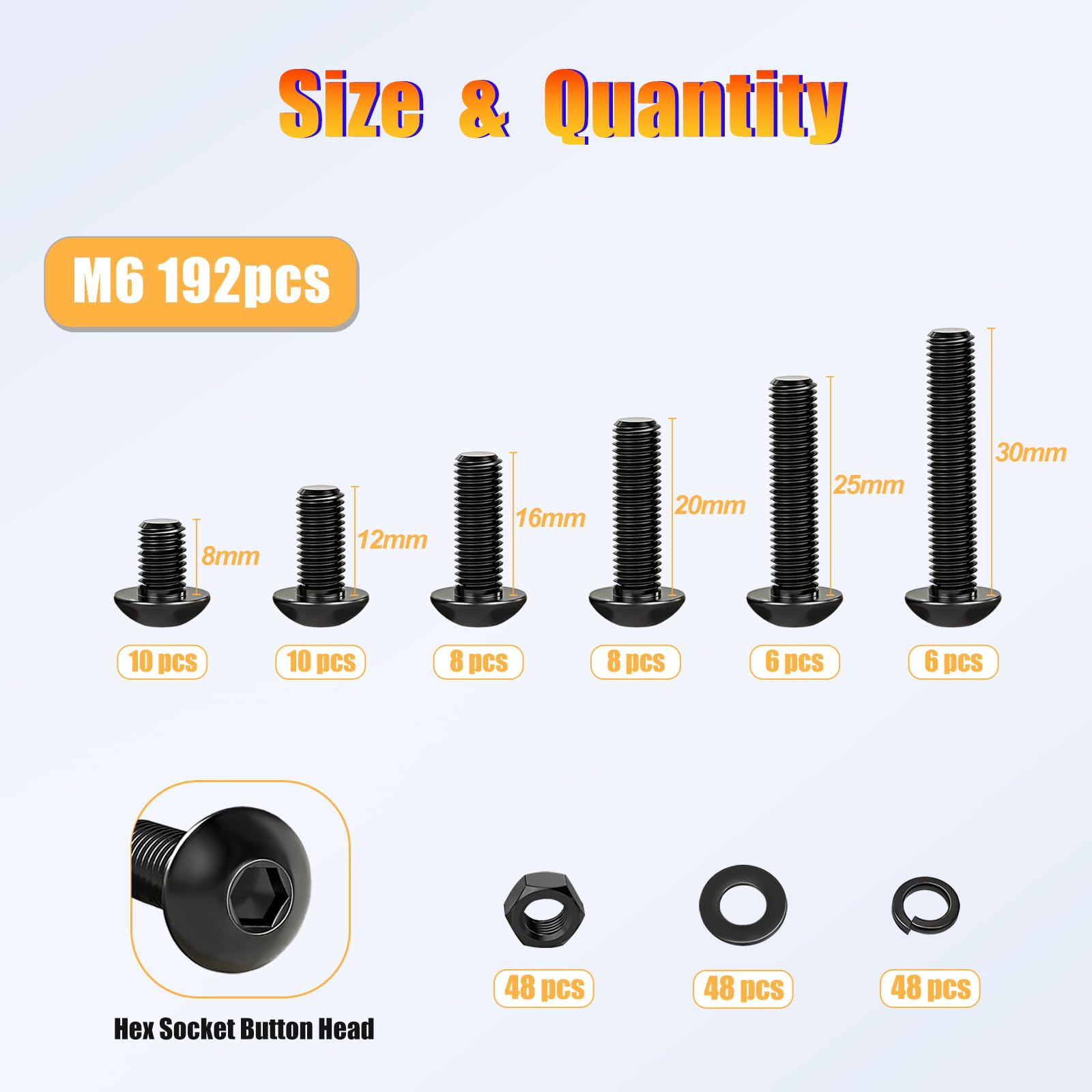 Kadrick M6 Screw Assortment, 192PCS M6 Screw Kit,Machine Screws with Lock & Flat Washers, Grade 10.9 Alloy Steel Hex Socket Button Head Black Screws Nuts and Bolts Kit