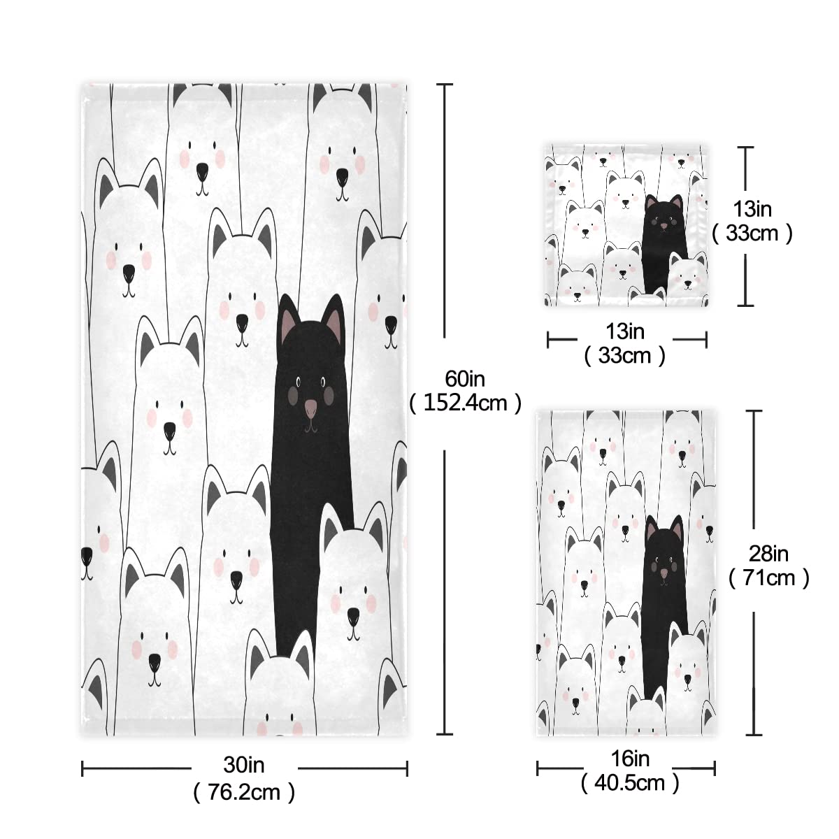 Vnurnrn Negro Blanco Gatito Perro Cat Juego de Toallas para Baño Playa Toalla (1 Toalla de Baño y 1 Toalla de Mano y 1 Paño de Lavado) para Nadar Niñas Niños