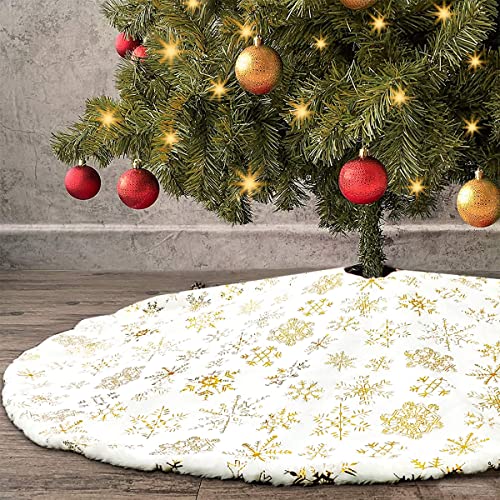48 Inches Christmas Tree Skirt, Large White Faux Fur Christmas Tree Mat With Golden Snowflake Pattern, Plush Tree Skirt Christmas Decorations For Holiday Tree Ornaments Indoor Xmas Decorations #TOP1
