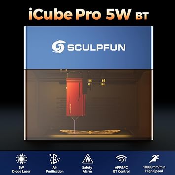 SCULPFUN iCube Pro 5W Laser Engraving Machine, Mini Portable Desktop Engraver Cutter for Wood Black Acrylic 304 Stainless Steel with Smoke Filter, Support Bluetooth Connection, Working Area 130130mm
