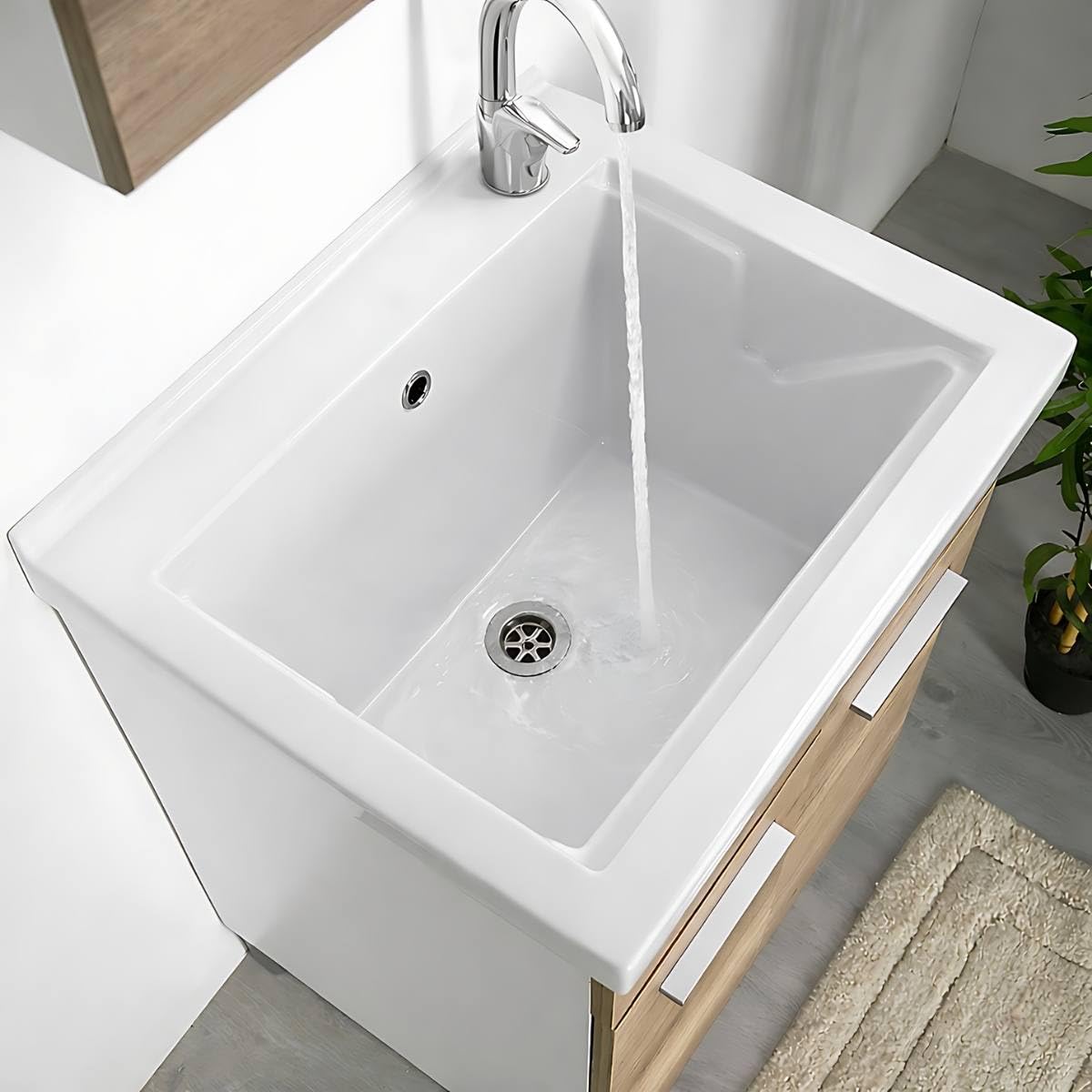 LAVATOIO PILOZZO RENO CERAMICA 60 x 50 TUTTA VASCA PER TOP O MOBILE DA INCASSO O INSTALLAZIONE CON STAFFE ANCHE IN ESTERNO INCLUSO DI PILETTA IN ACCIAIO E SIFONE (DX Foro Rubinetteria)