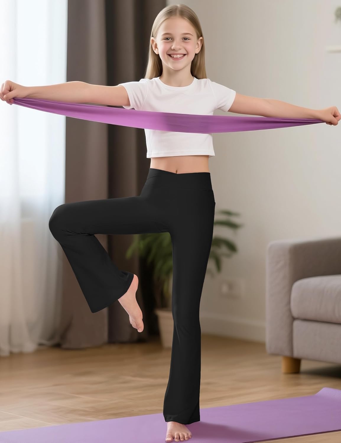 KEREDA Girls Flare Leggings High Waist Bell Bottoms for Kids Yoga Dance Pants with Pockets Ages 7-14 Years - Image 7