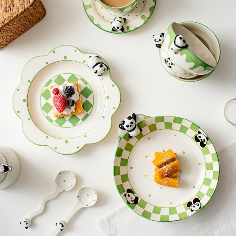 Ceramic Bowl Plate Set Underglaze Tableware Cute Panda Dinner Household Snack Breakfast Dessert Bird'S Nest Salad Fruit Ice Cream Soup Pasta (Cup saucer spoon set)