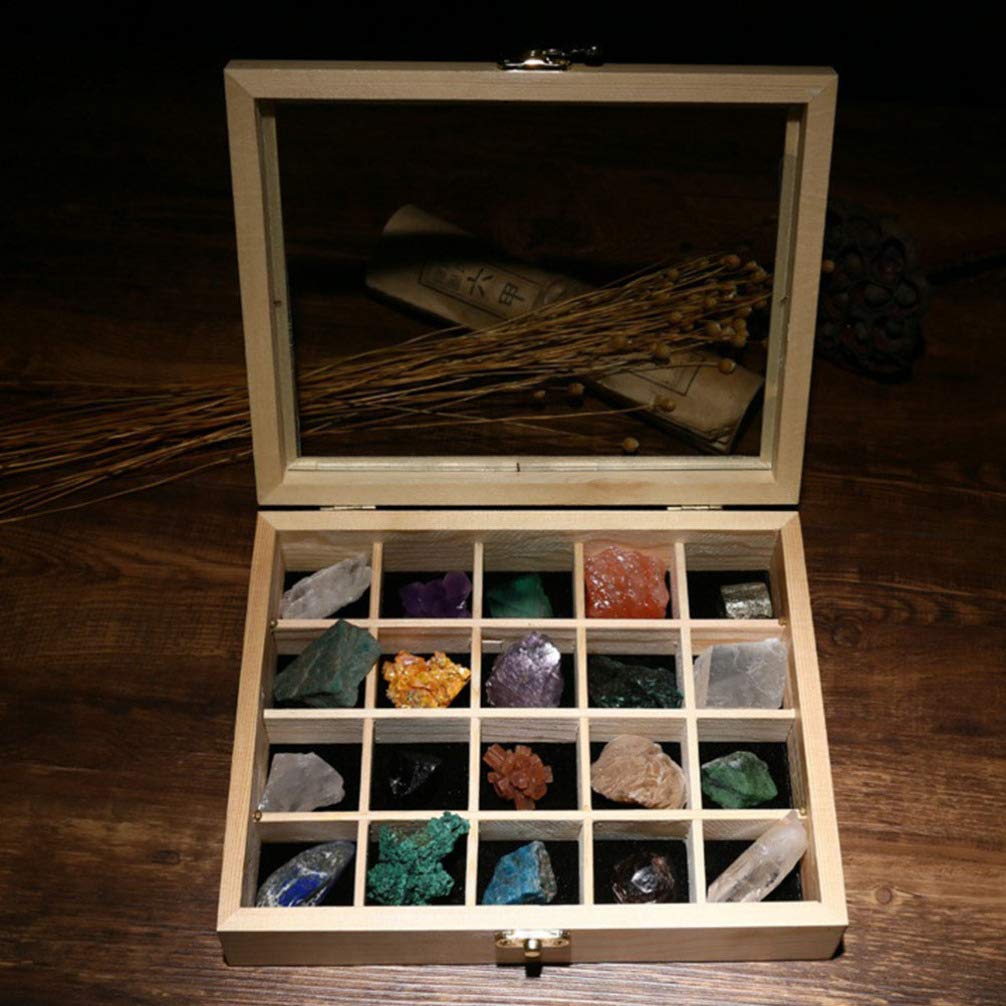 VILLCASE 20pezzi Cristalli di Minerali Naturali Pietre Naturali Campioni di Pietra Minerale per Creazioni di Gioielli e Istruzione Didattica Confezione in Scatola di Legno