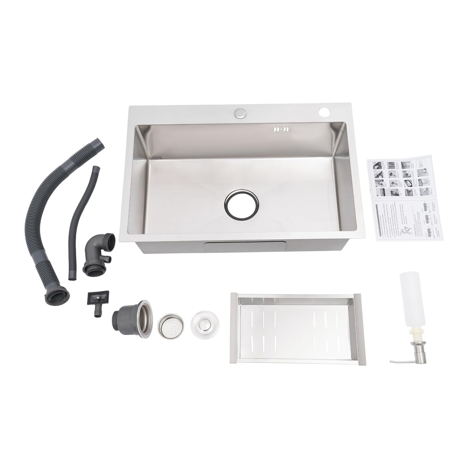 Fregadero de acero inoxidable 68 x 45 cm, fregadero de cocina de alta calidad y fregadero empotrable, con escurridor y escurridor, fregadero de granito empotrable a partir de 45 cm, incluye