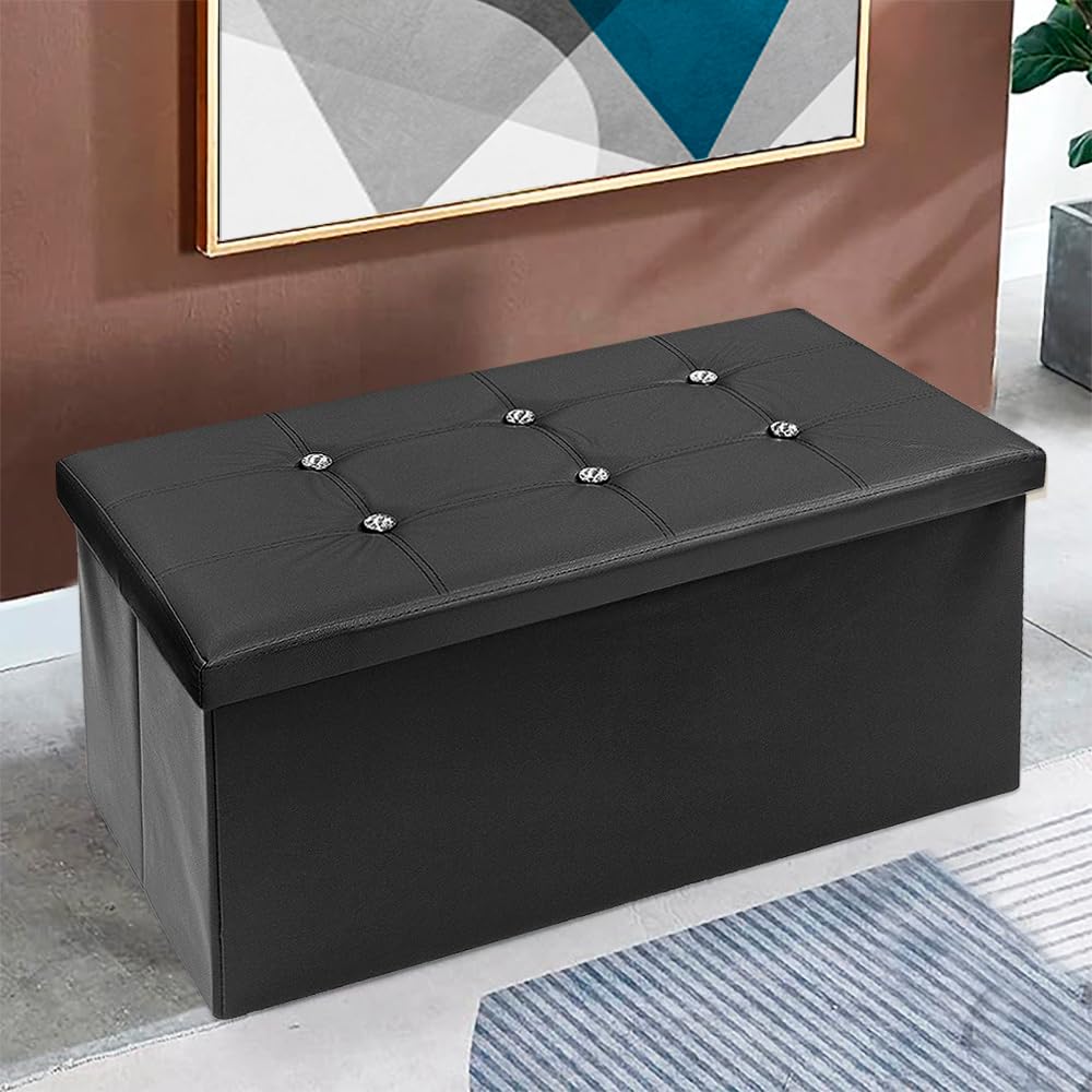 emmevi Cassapanca Contenitore Pouf Panca Portaoggetti Poggiapiedi Similpelle Diamanti 76x38x38 cm Nero