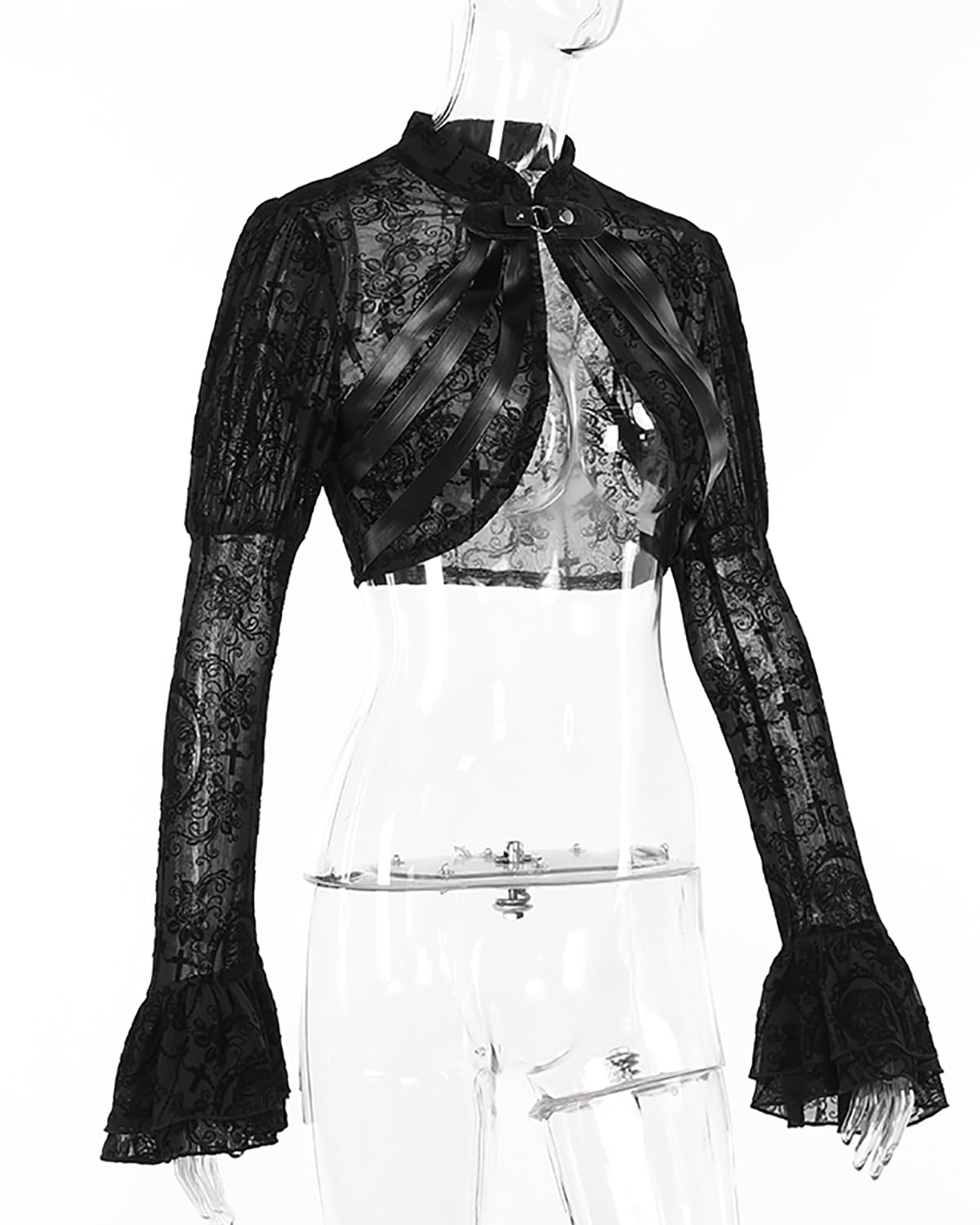 Camicetta da donna gotica corta punk maglia vedere attraverso sexy manica lunga Y2k nero rave set top