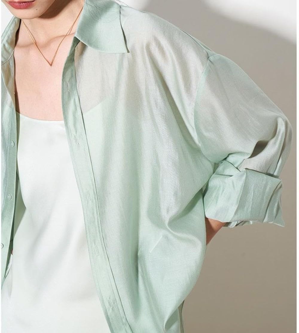 Bluse Damen Elegant,Damenbluse, Langärmlige Hemden, Hellgrün, Leichtes Hemd Mit Reversknöpfen, Durchsichtig, Überzug Mit Tasche, Elegante Strickjacke, Kimono-Arbeitshemd, Leichte Dünne Jacke